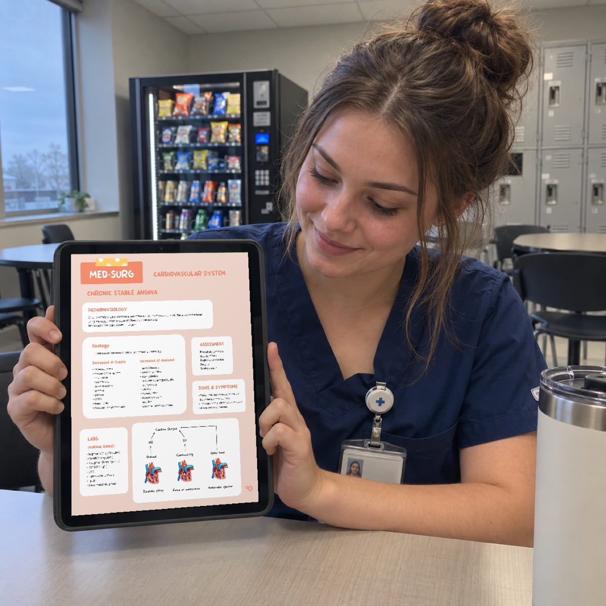 Nursing student studying a real Med-Surg cardiovascular page on iPad